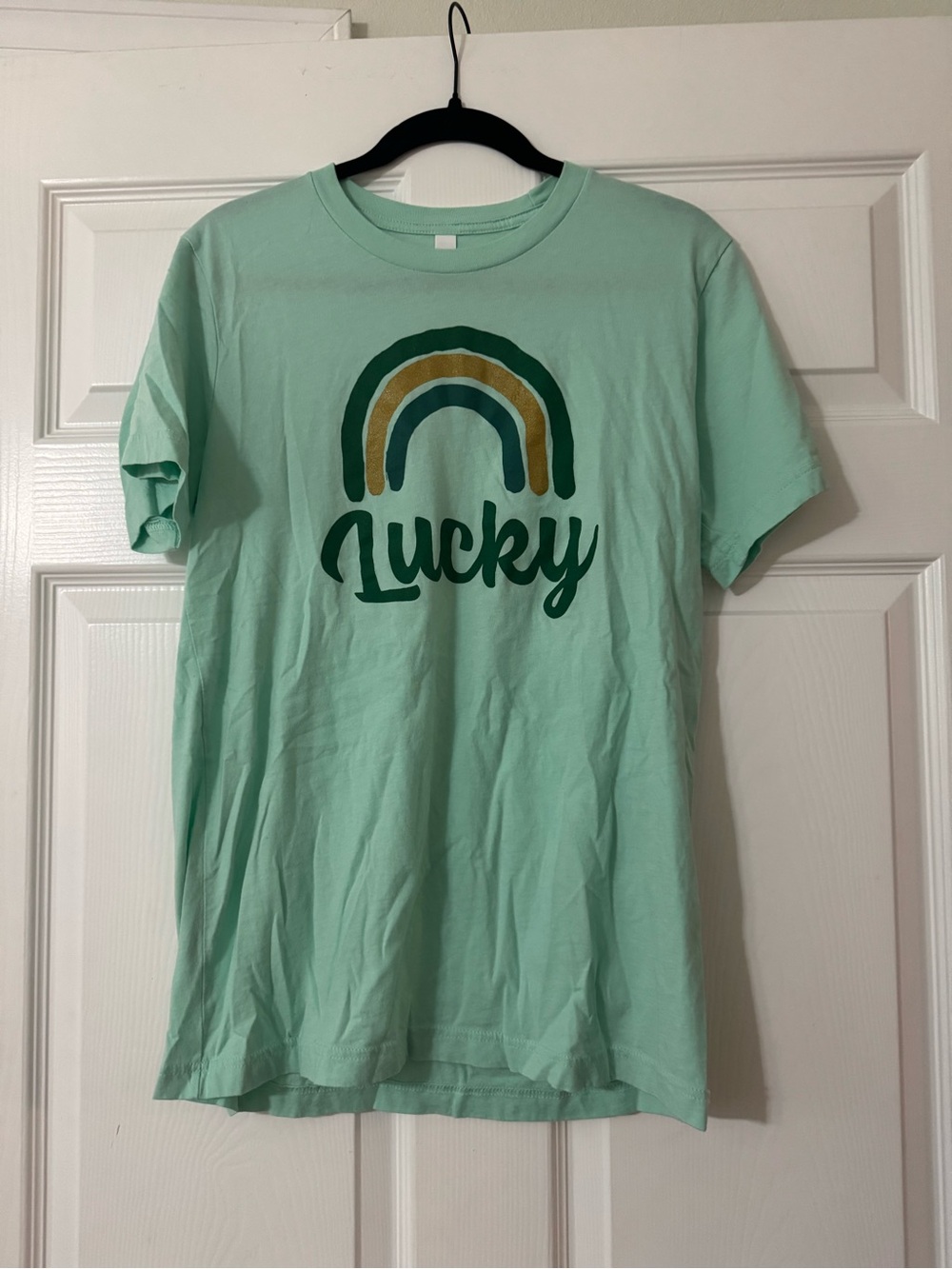 Bella Canvas Mint Green "Lucky" Graphic Tee with Green and Gold Rainbow